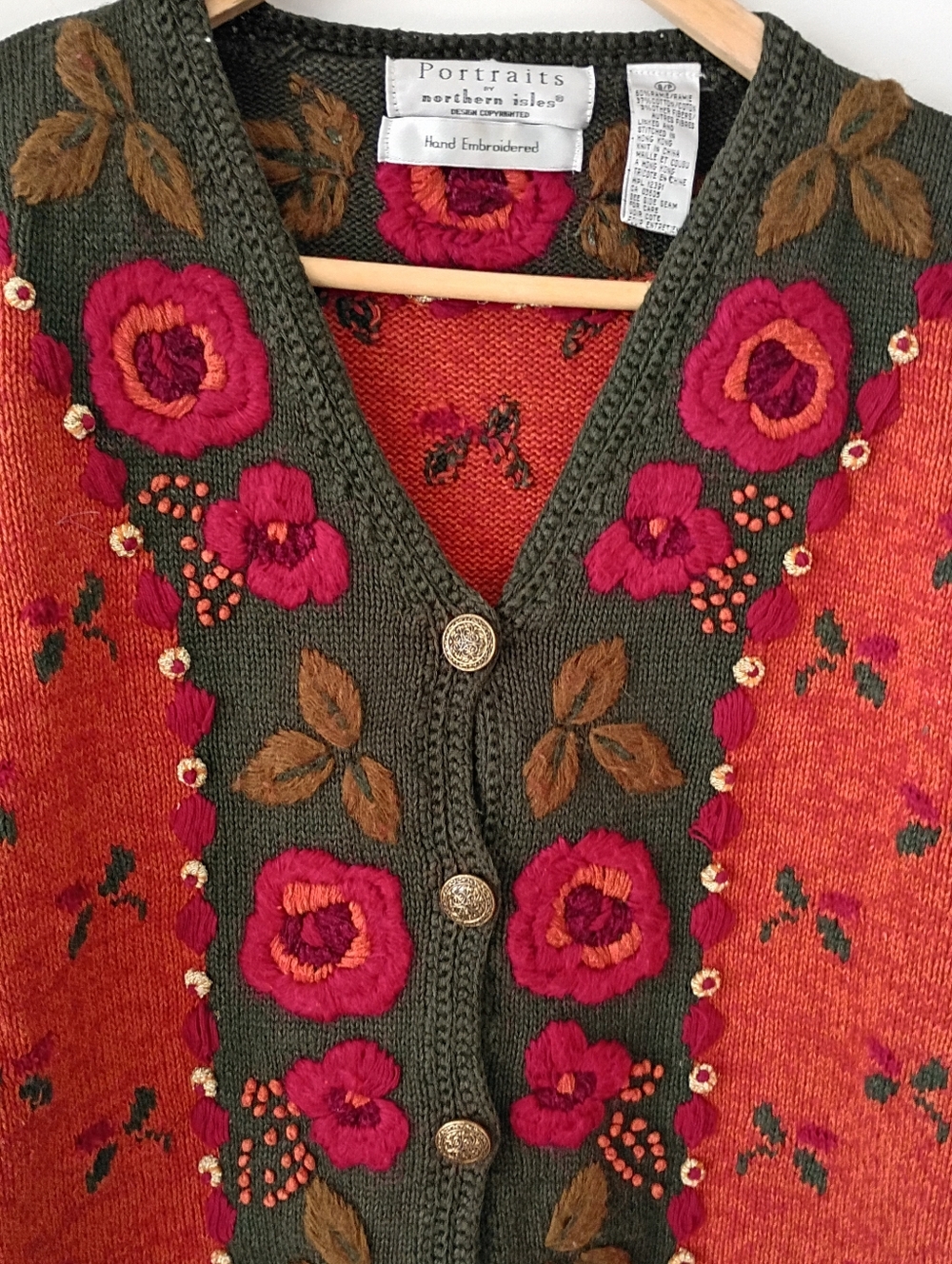 Vintage Northern Isles Hand Knit Floral Embroidered Sweater Cardigan Bohemian - Picture 5 of 11